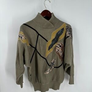 Eddie Dassin Classic Ribbed Turtle Neck Patchwork Pullover Sweater Green Size L